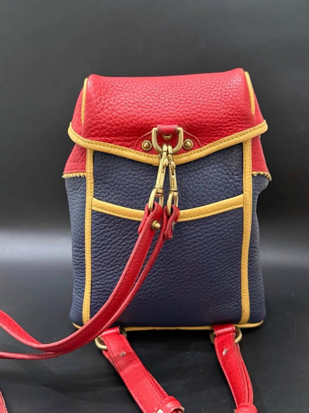 Rare Vintage DOONEY & BOURKE Teton AWL Lipstick Red Navy Yellow Leather Backpack